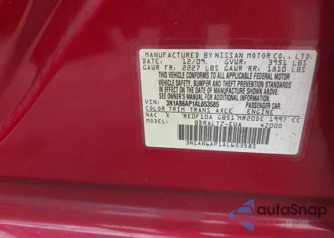 2010 Nissan Sentra 2.0S z USA, uszkodzony, nr VIN 3N1AB6AP1AL653585